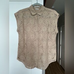 Van Heusen Lace Button-Up Blouse - Tan